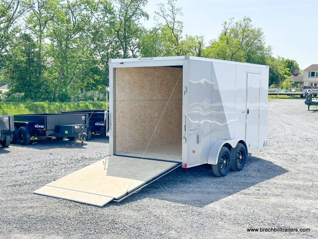 Bravo 7K Scout Enclosed Cargo Trailer with ramp door open.