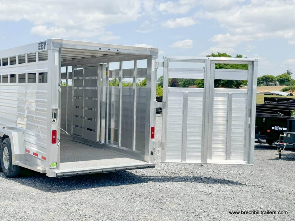 Back door open to look inside the EBY 14K Maverick Gooseneck Livestock Trailer