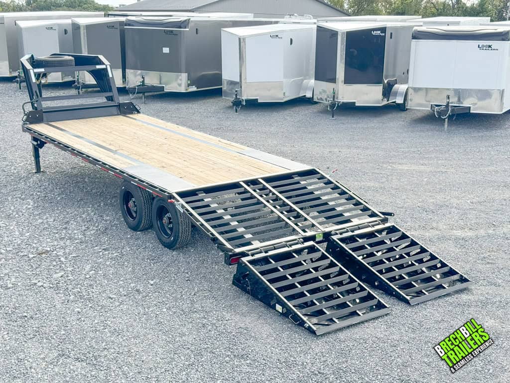 Ramps down on the Horizon 24ft Flatdeck Gooseneck Trailer .
