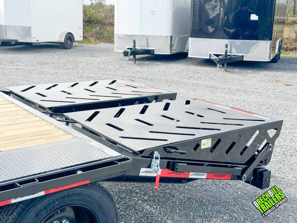 Back of Horizon 24ft Flatdeck Gooseneck Trailer with close view of ramps.