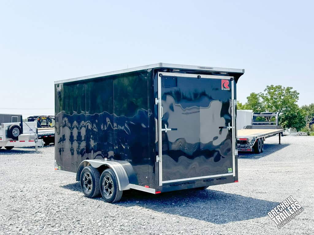 Black RC Flat Top Wedge Enclosed Cargo Trailer with shiny paint.