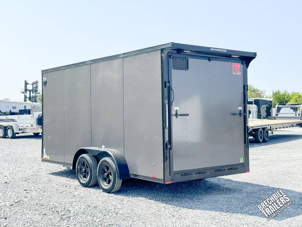 RC Flat Top Wedge Enclosed Cargo Trailer with aluminum wheels.