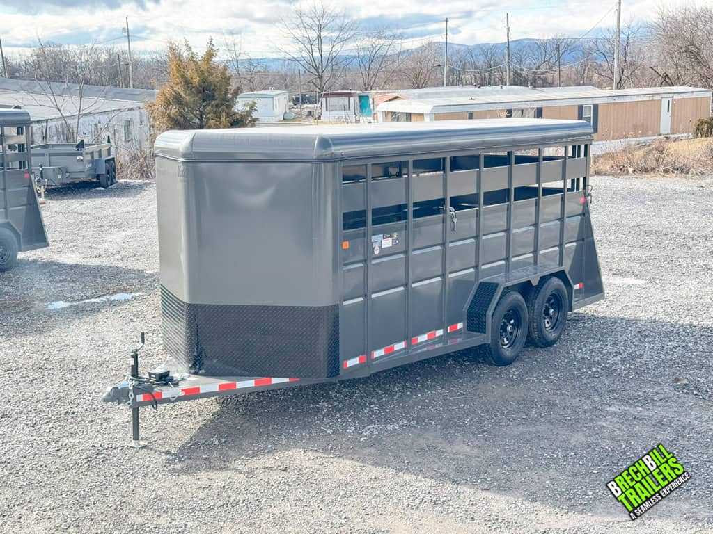 Full view of the parked Valley 12k stock trailer