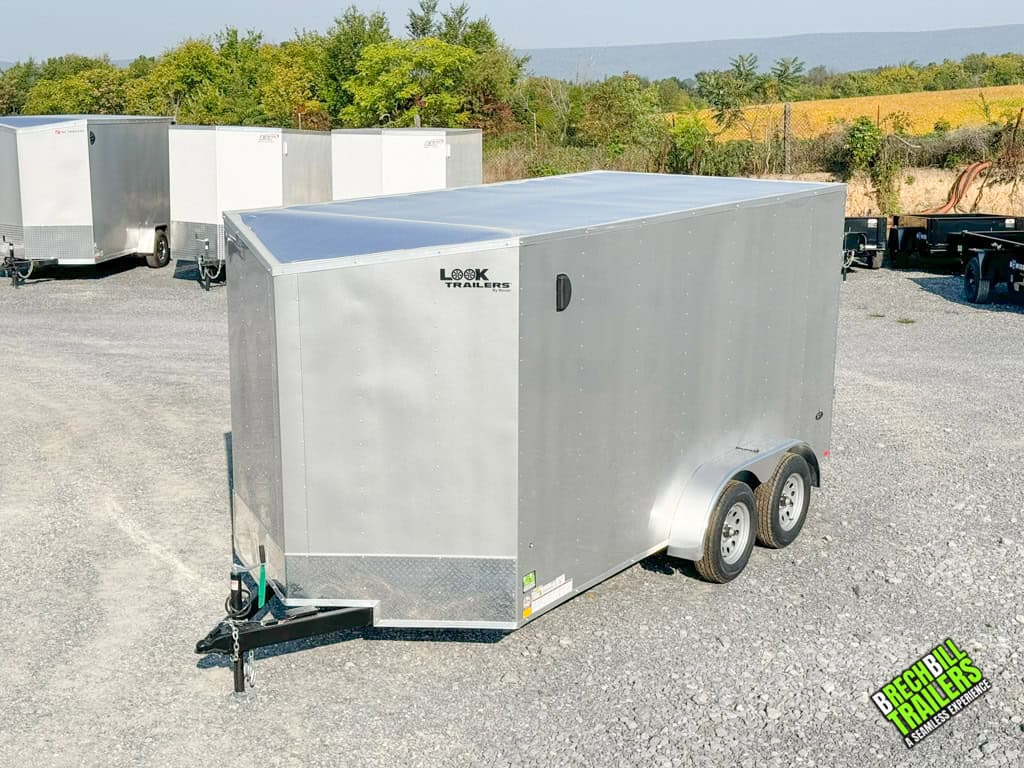 Front view of a silver Look ST DLX enclosed cargo trailer