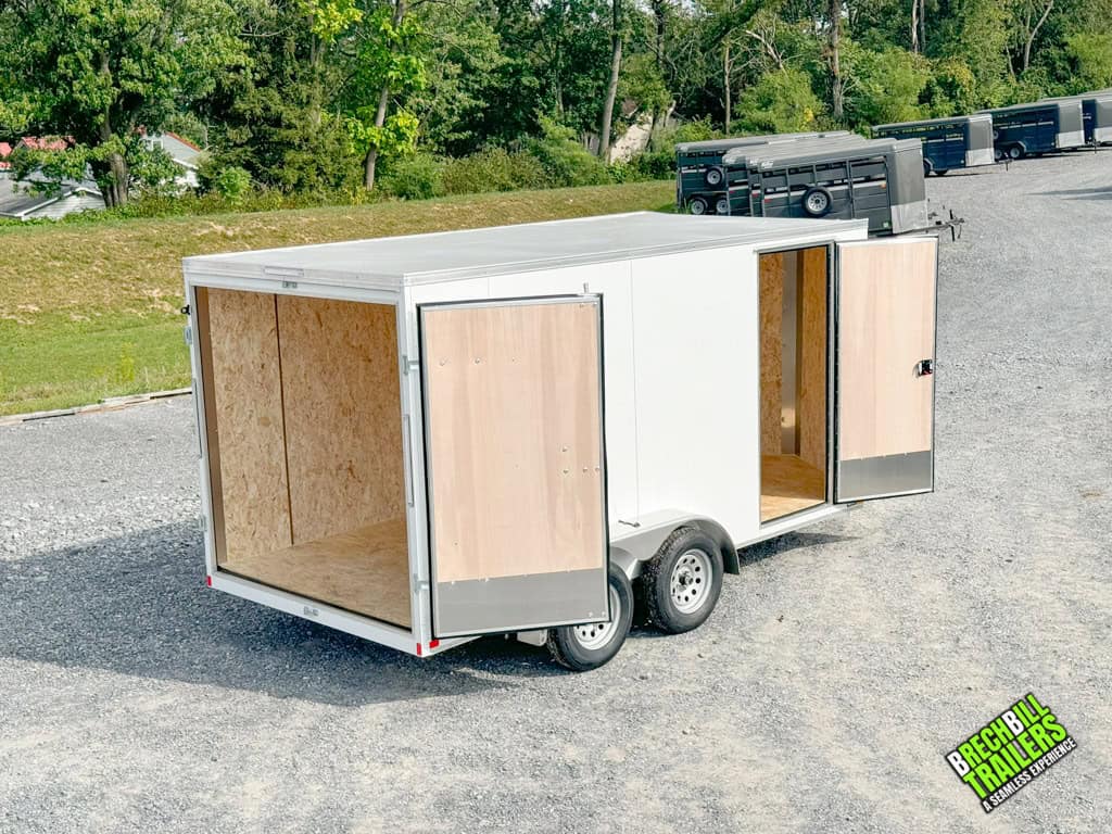 A 7x14 Look Element Enclosed Cargo Trailer with all doors open.