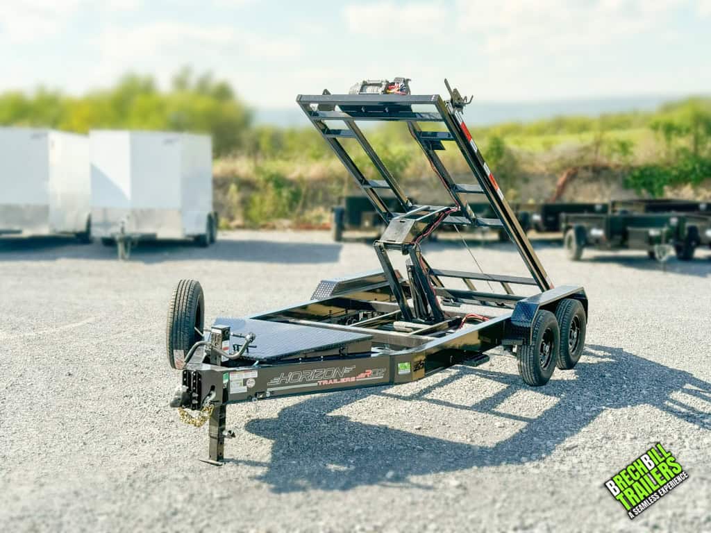 A Horizon Roll Off Trailer raised to demonstrate the functionality.