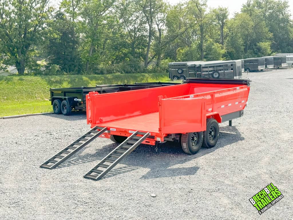 An orange 7x16 Horizon 14k Heavy Duty Dump Trailer