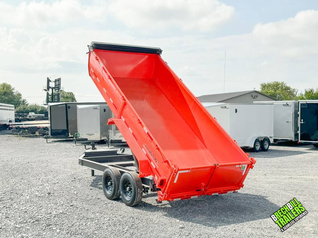 Orange box with a tarp in the dump position.