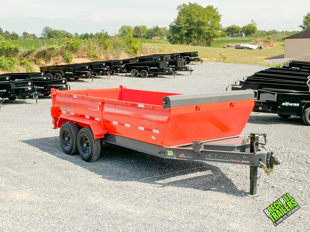 A new Horizon 14k Heavy Duty Dump Trailer parked at the Brechbill Trailers lot.