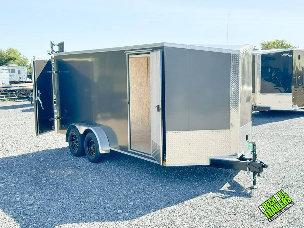 A charcoal black 7x16 Look Element Enclosed Cargo Trailer