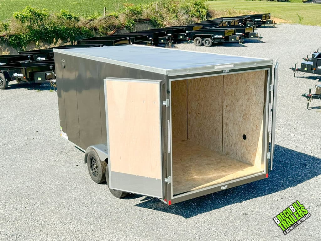 double doors open on the back of the Look enclosed cargo trailer.