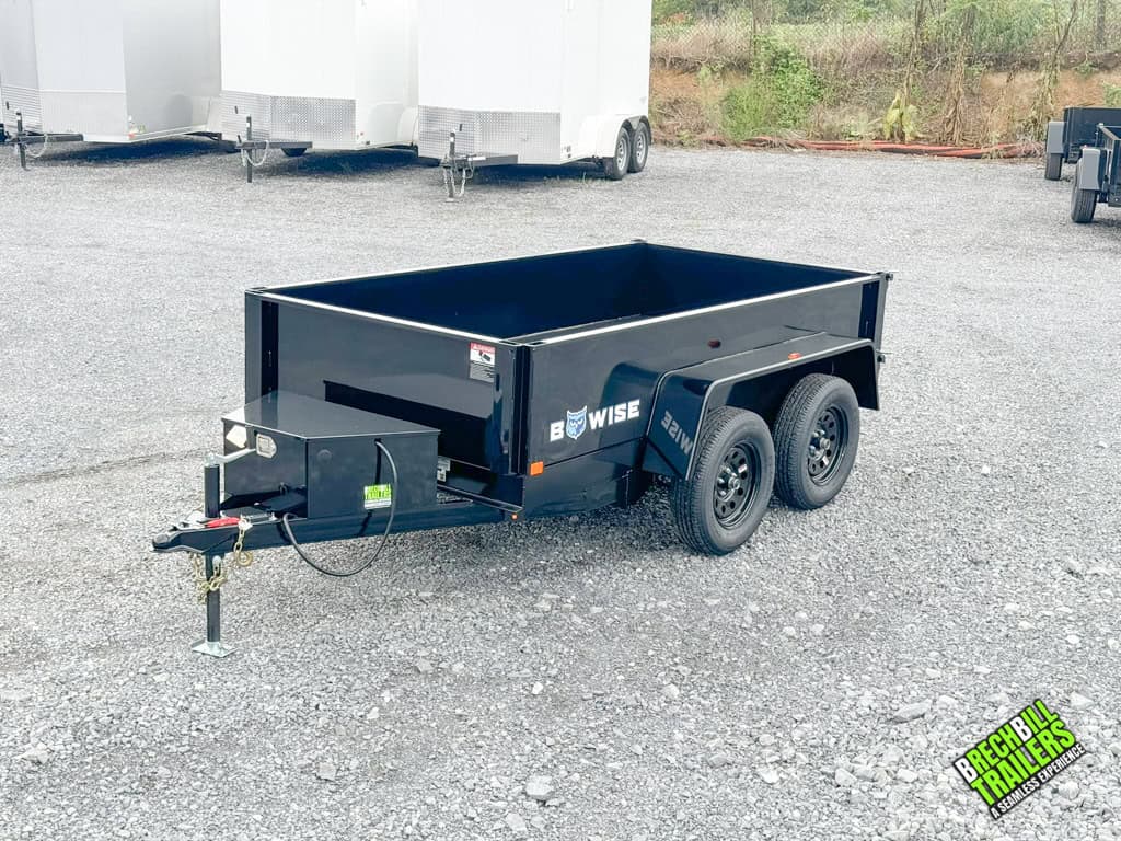 Front view of a parked Bwise 5x10 Small Dump Trailer