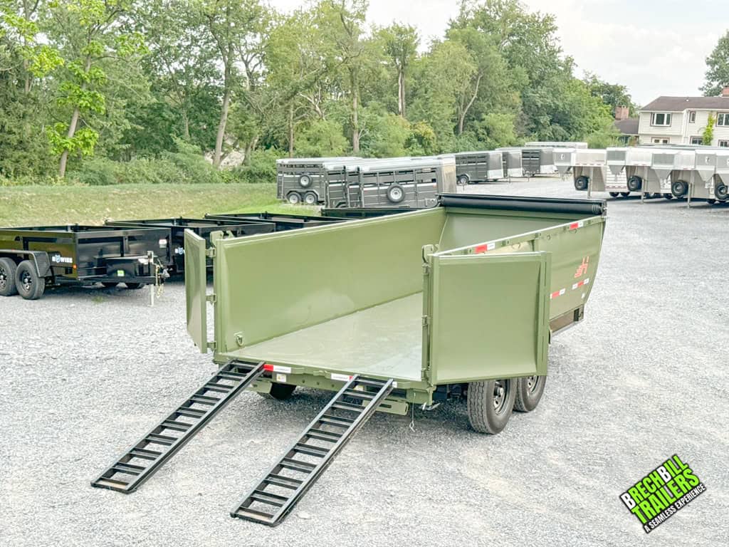 A military green Horizon 14k Heavy Duty Dump Trailer with the ramps down.