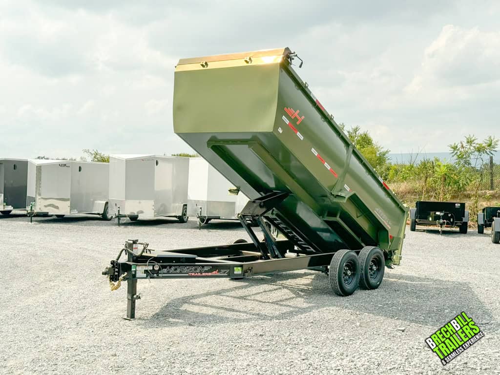 A 16ft Horizon 14k Heavy Duty Dump Trailer on display in the lot.
