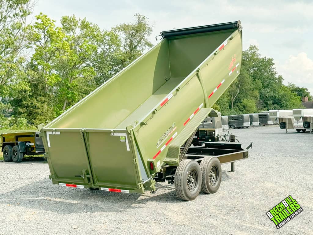 A 16 ft military green Horizon 14k Heavy Duty Dump Trailer.