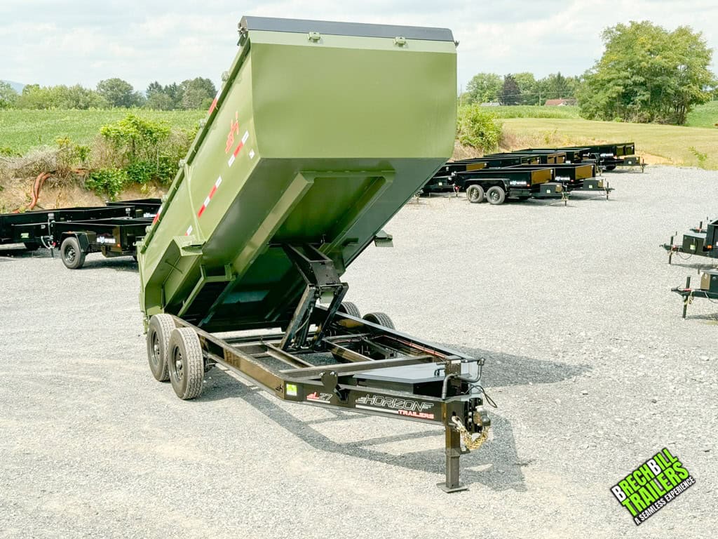 16ft green Horizon 14k Heavy Duty Dump Trailer in dumping position.
