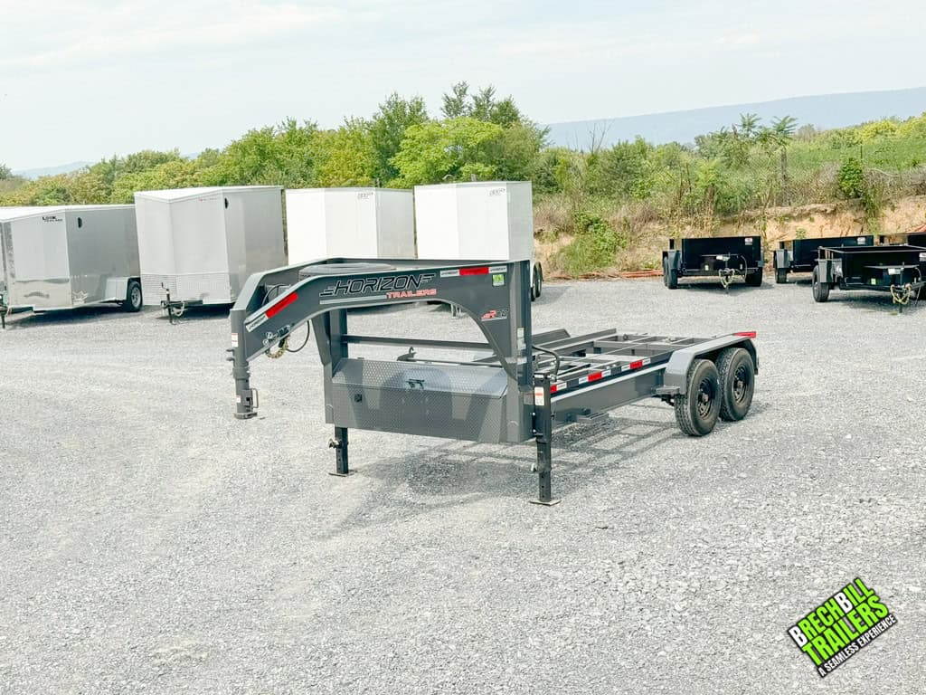 A 16ft Horizon Roll Off Trailer parked at the dealership.