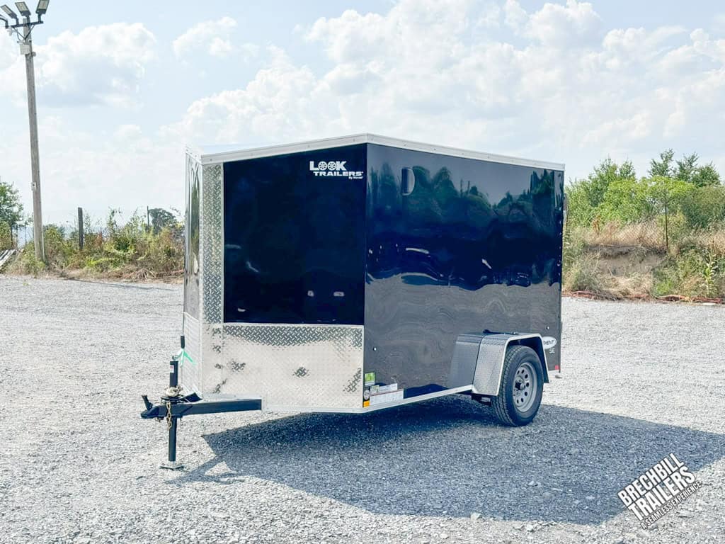 A black Look Enclosed Cargo Trailer on display.