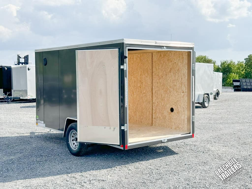 The back of an open Look Element V-Nose Enclosed Trailer