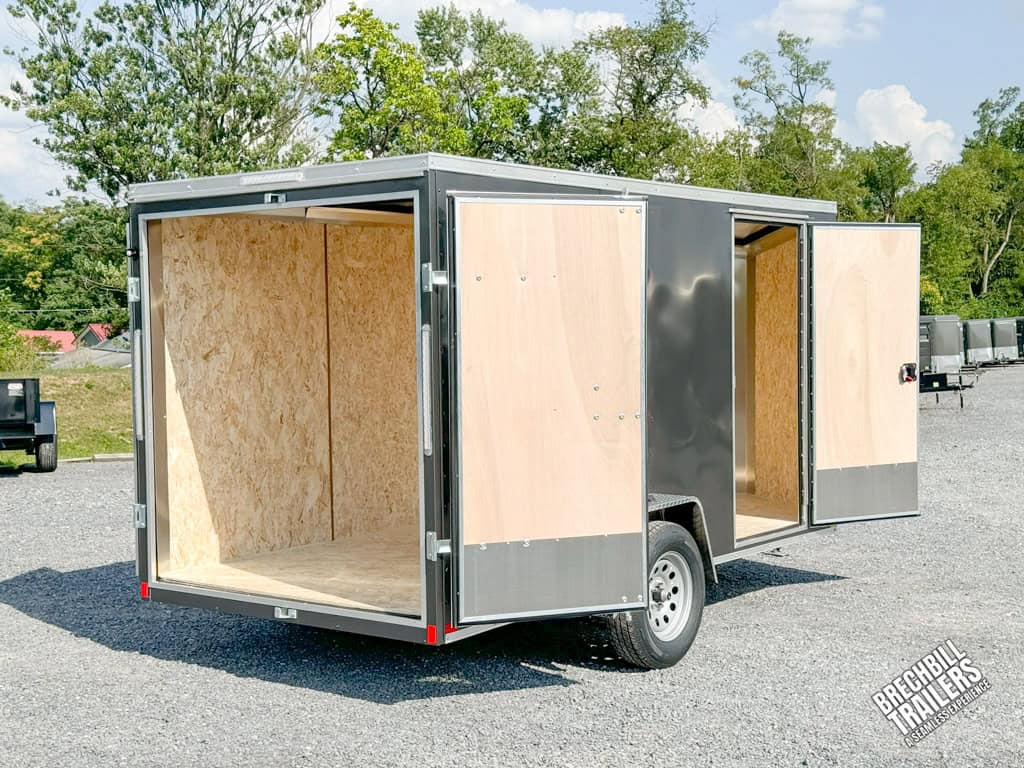 Look Element V-Nose Enclosed Trailer with everything open for display