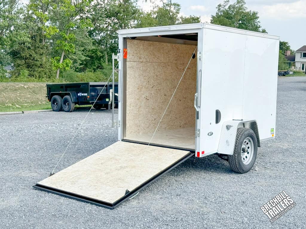White cargo trailer with ramp door down for display.