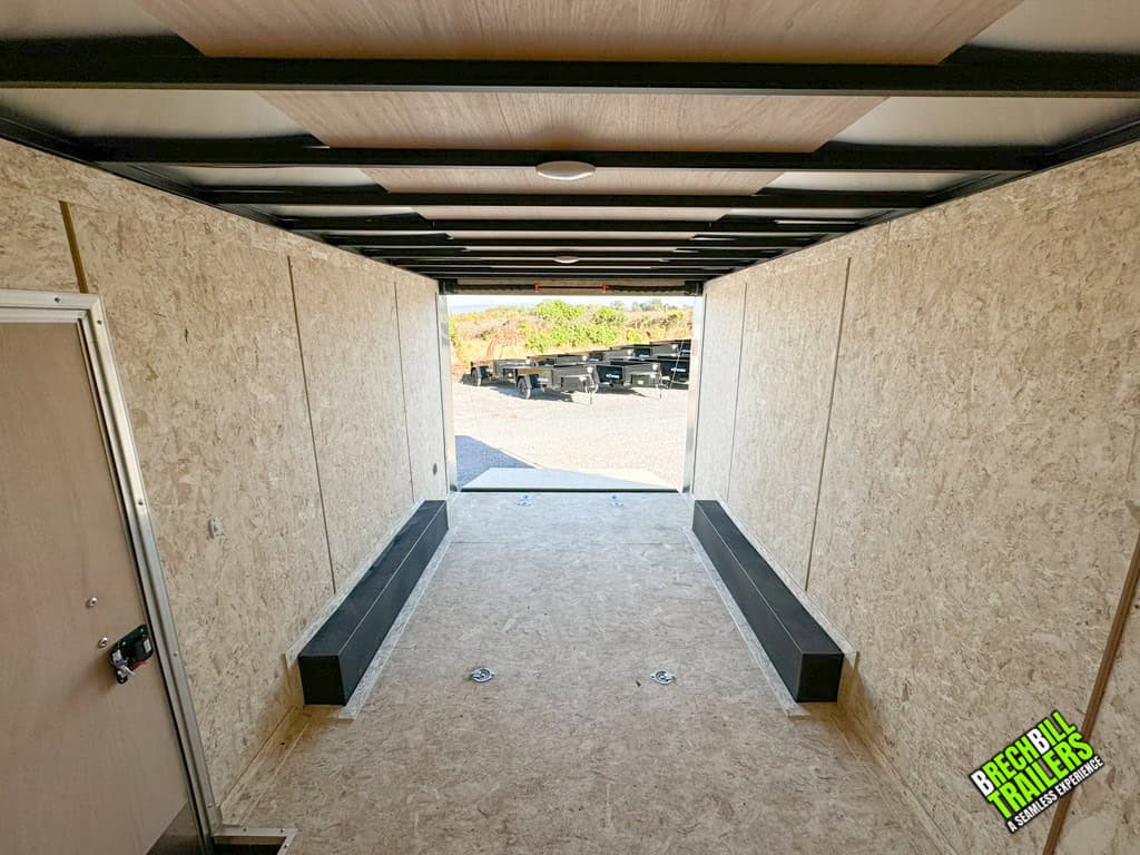 Inside a 16ft Look LXT Enclosed Box Cargo Trailer looking out the back