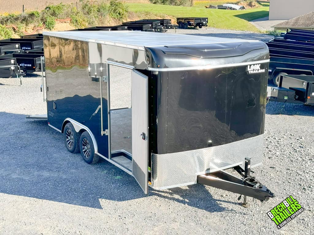 Look LXT Enclosed Box Cargo Trailer with doors open for display