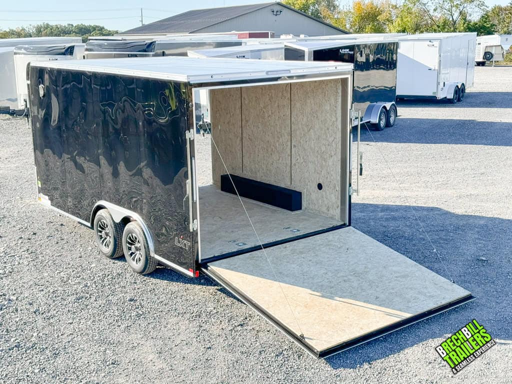 Look LXT Enclosed Box Cargo Trailer with ramp door down and side door open