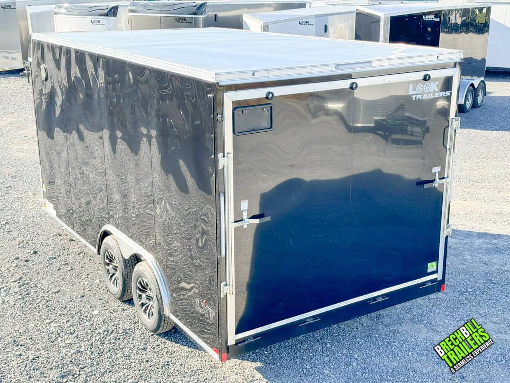 Back view of a new black Look LXT Enclosed Box Cargo Trailer
