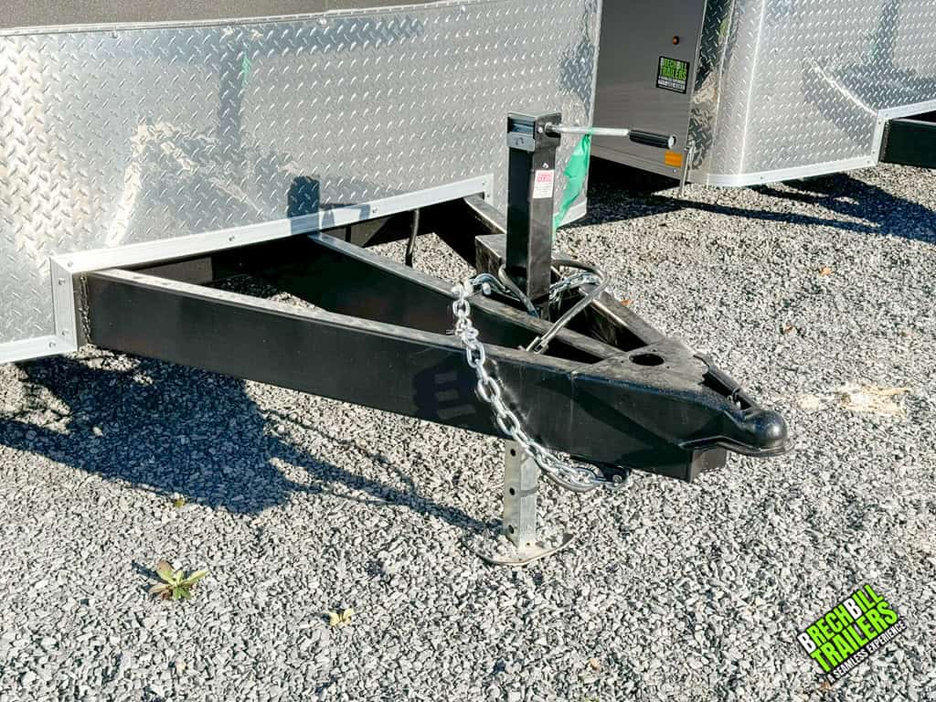 Coupler and jack in use on the Look XLT enclosed bullnose trailer