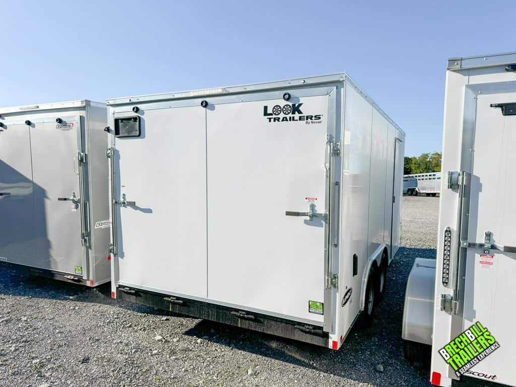 Back of a Look Enclosed V-nose Cargo Trailer