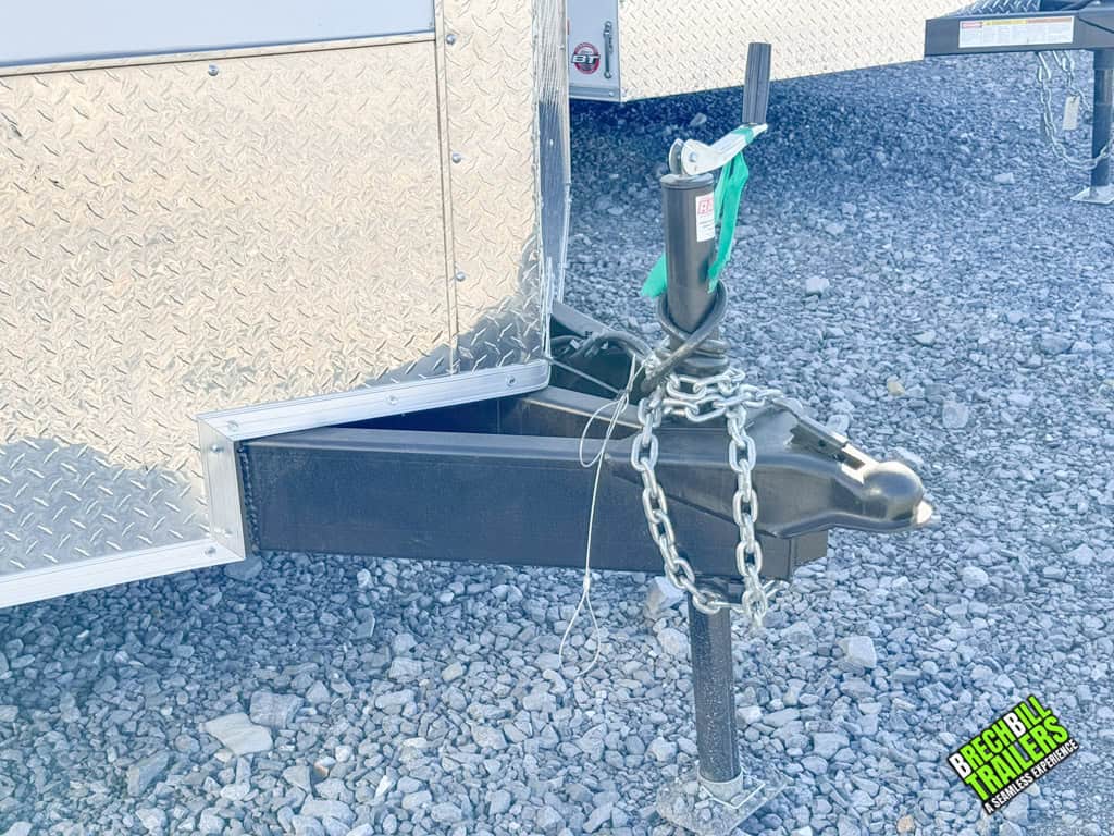 Trailer coupler and jack on a new Look cargo trailer.