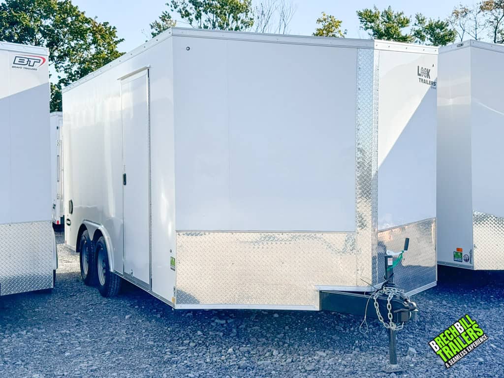 A white Look enclosed v-nose cargo trailer for sale.