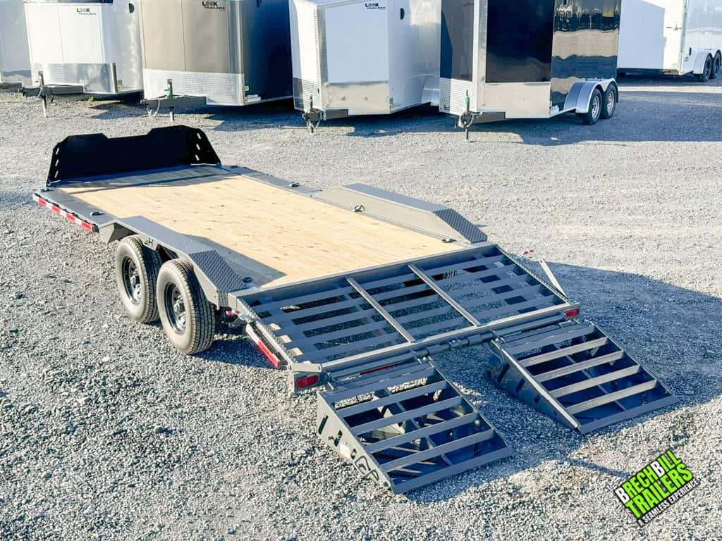 Horizon 20ft Low Pro Equipment Trailer on display with the ramps down.