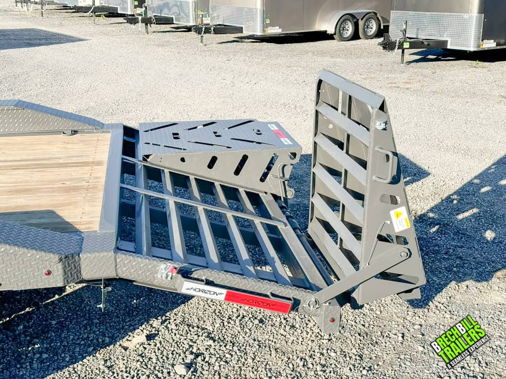 Gray ramps on the Horizon 20ft Low Pro Equipment Trailer.