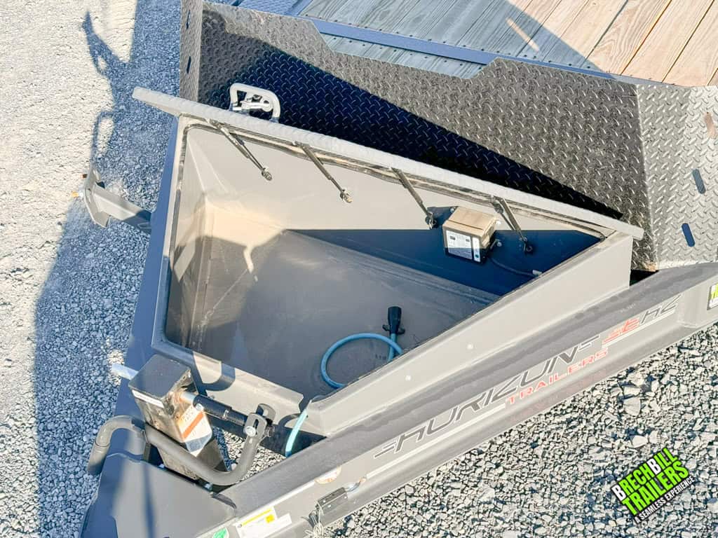 Toolbox area on the Horizon 20ft Low Pro Equipment Trailer.