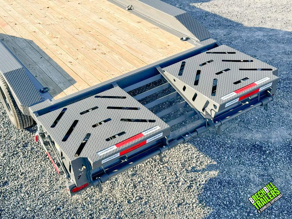 Back view of the Horizon 20ft Low Pro Equipment Trailer ramps in the up position.