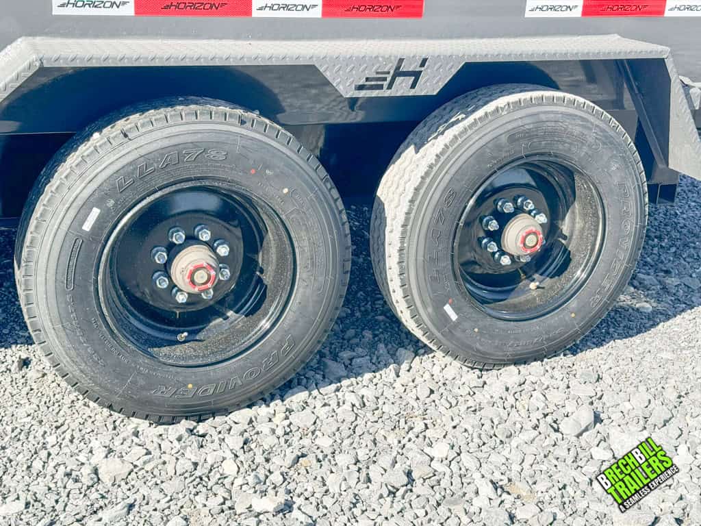 Wheels on a new 16ft Horizon HD Gooseneck Dump Trailer.