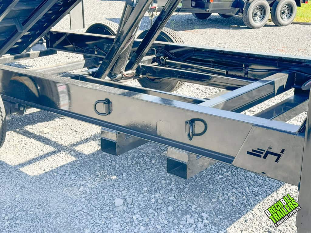 A 7x16 Horizon HD Gooseneck Dump Trailer cylinder view while in the dump position.