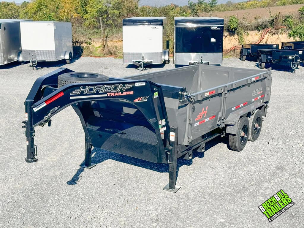 A 7x16ft Horizon HD Gooseneck Dump Trailer for sale.