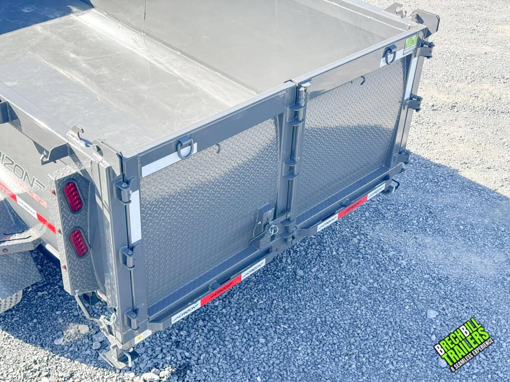 Back gate on the Horizon HD Gooseneck Dump Trailer