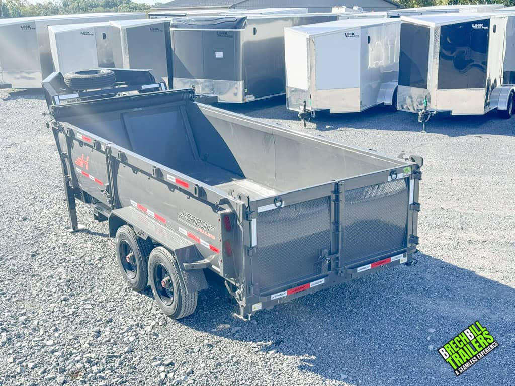 Back view of the gray Horizon HD Gooseneck Dump Trailer for sale.