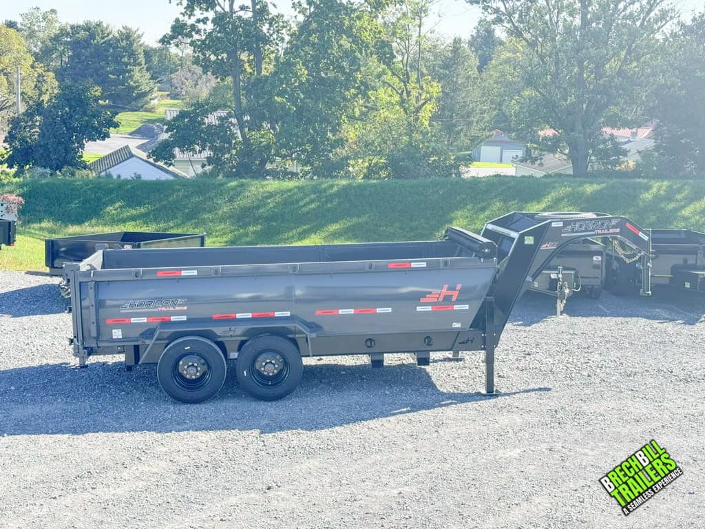 Side view of a Horizon HD Gooseneck Dump Trailer for sale.
