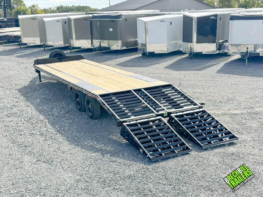 Horizon 30ft Dual Axle Bumper Pull Trailer with ramps down for display.