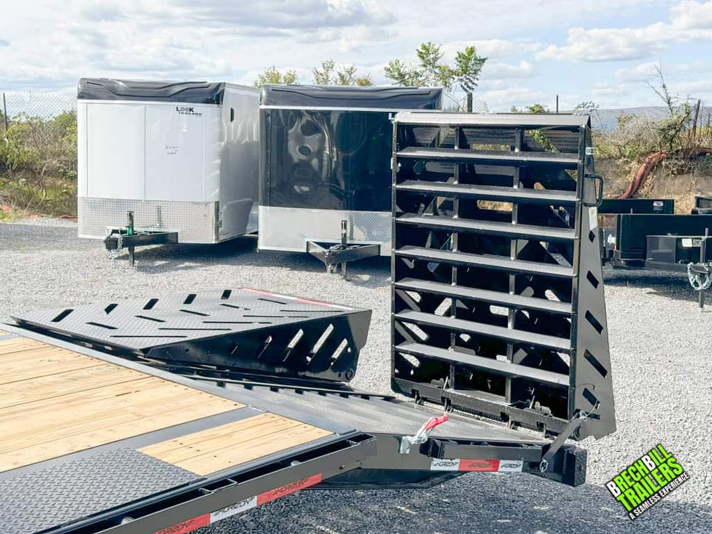 Folding ramp open on the back of a Horizon dual axle trailer.