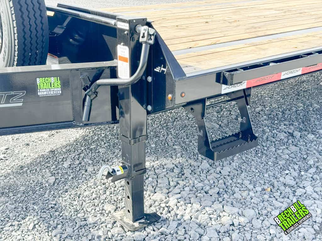 Front corner of the Horizon 30ft Dual Axle Bumper Pull Trailer.