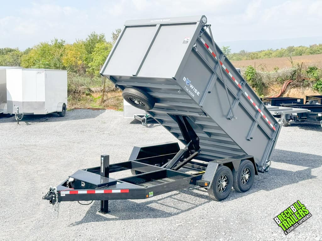 7x14 Bwise DU 15.4K Ultimate Dump Trailer in the dump position.