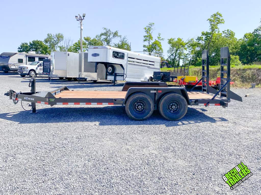 Side view of a 7x16ft Used Bwise EH 14K Heavy Duty Equipment Trailer.