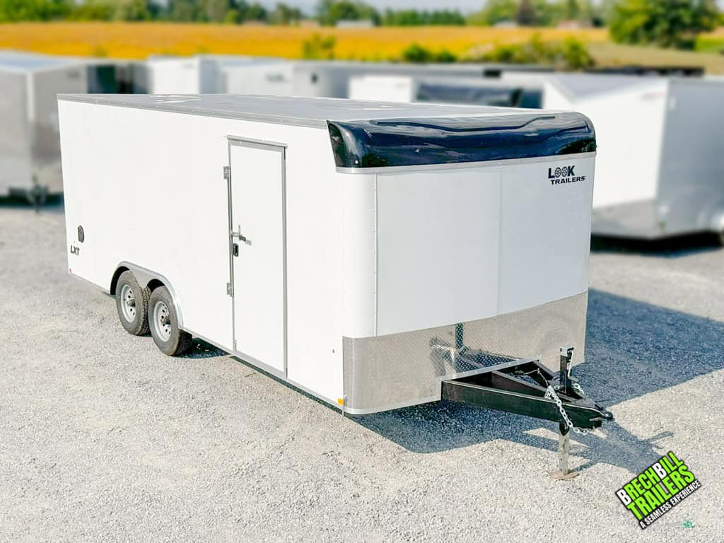 Brand new white Look Flat Top XLT Bullnose Enclosed Trailer for sale.