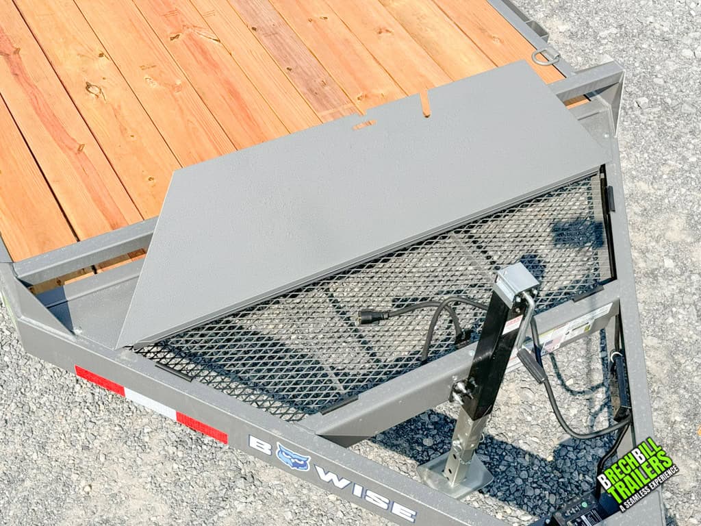 Front of the Bwise 12K Low Pro Equipment Trailer with jack down to park it.